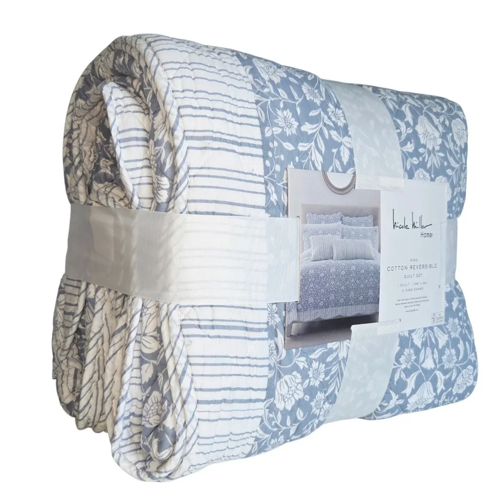 Nicole Miller Home Cotton King Quilt Set 3pc Reversible Floral Stripe Blue White